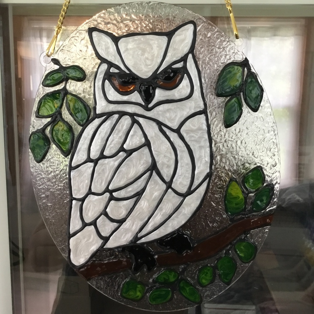 Hand Painted Stained Glass Snowy Owl on 8 X 10 Acrylic oval - Picture 2 of 3